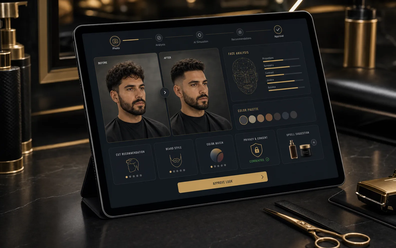 Barbeiro mostrando uma simulação visual no tablet para o cliente na cadeira