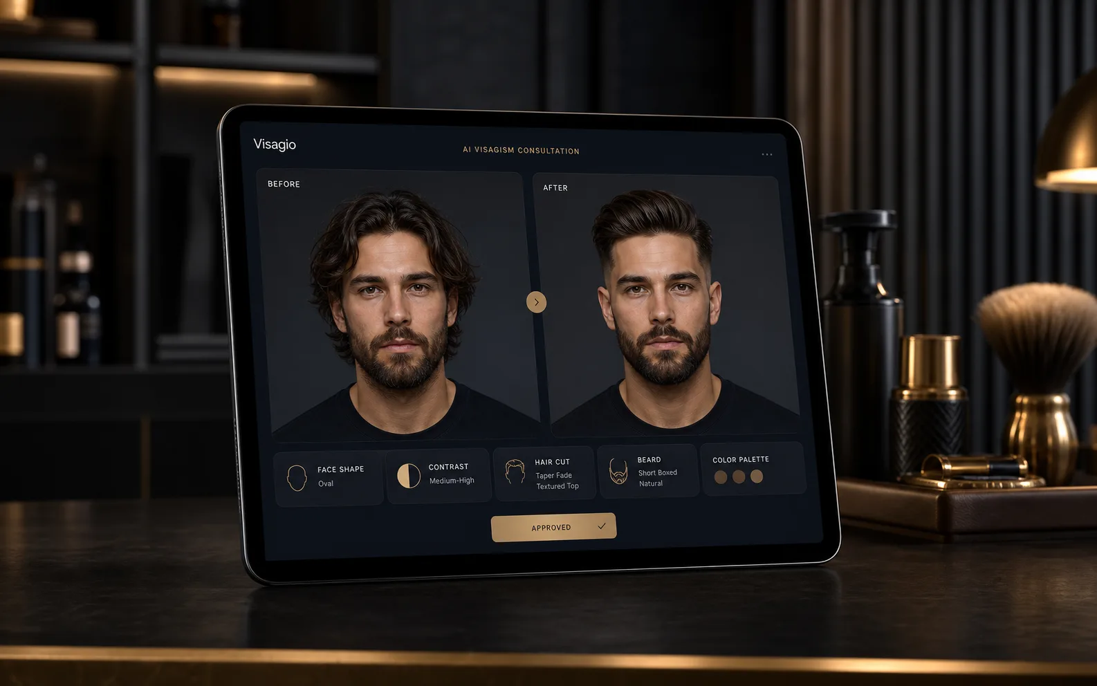 Mockup ilustrativo do Visagio mostrando antes e depois no tablet